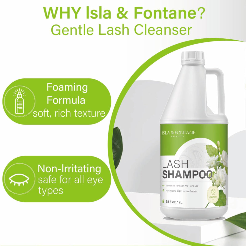 ISLA & FONTANE Lash Shampoo label closeup, showcasing gentle formula.