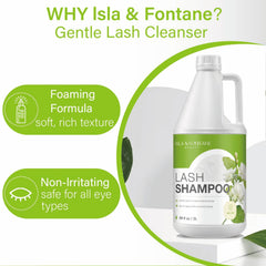 ISLA & FONTANE Lash Shampoo label closeup, showcasing gentle formula.