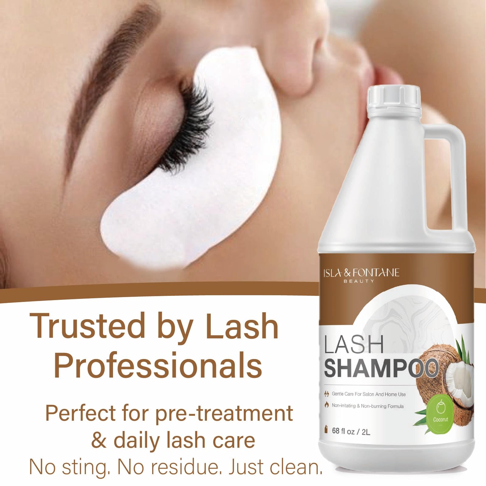 Professional salon setup with Isla and Fontane Lash Shampoo bulk 2L bottle.