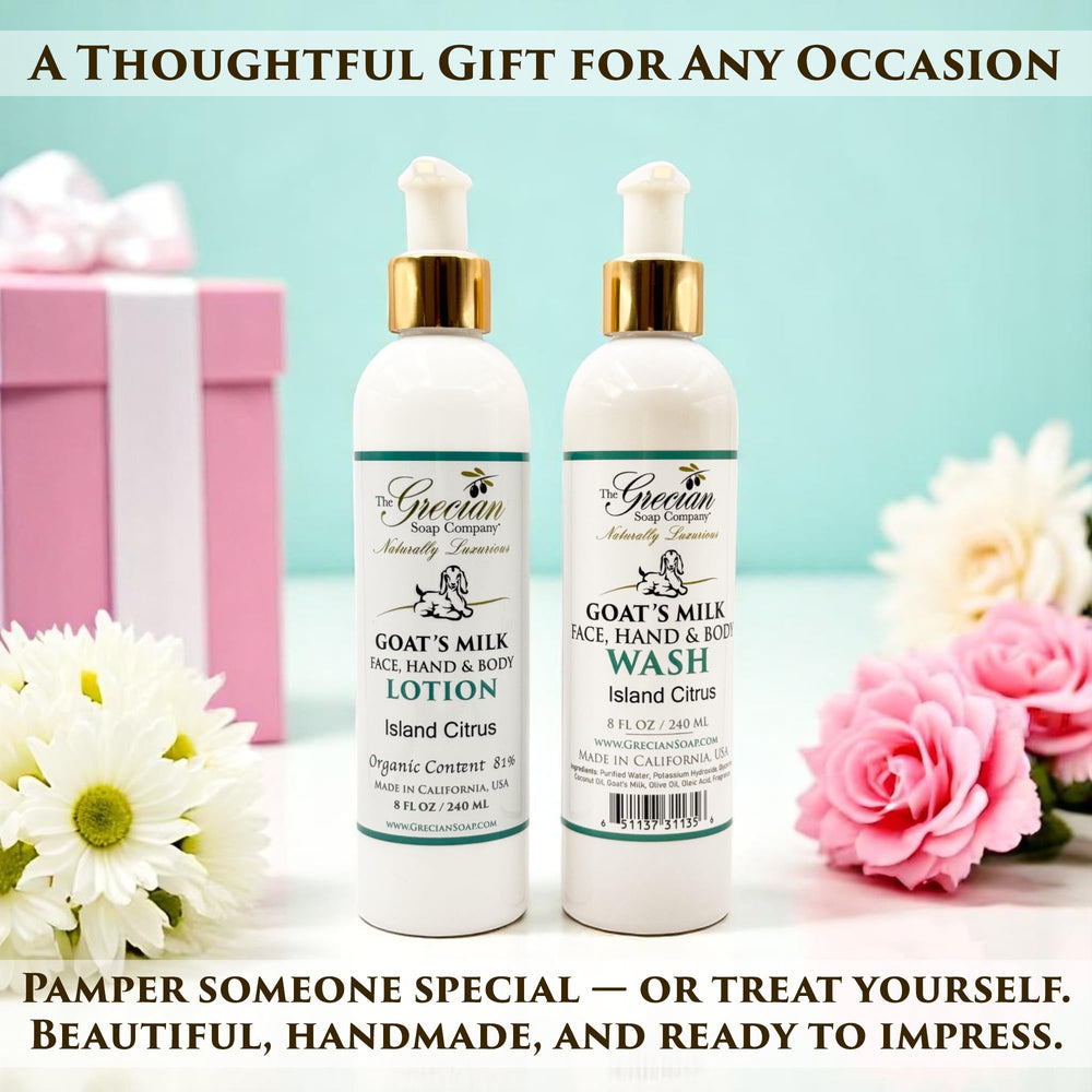 Island citrus lotion bottle in hand highlighting smooth, non-greasy finish.