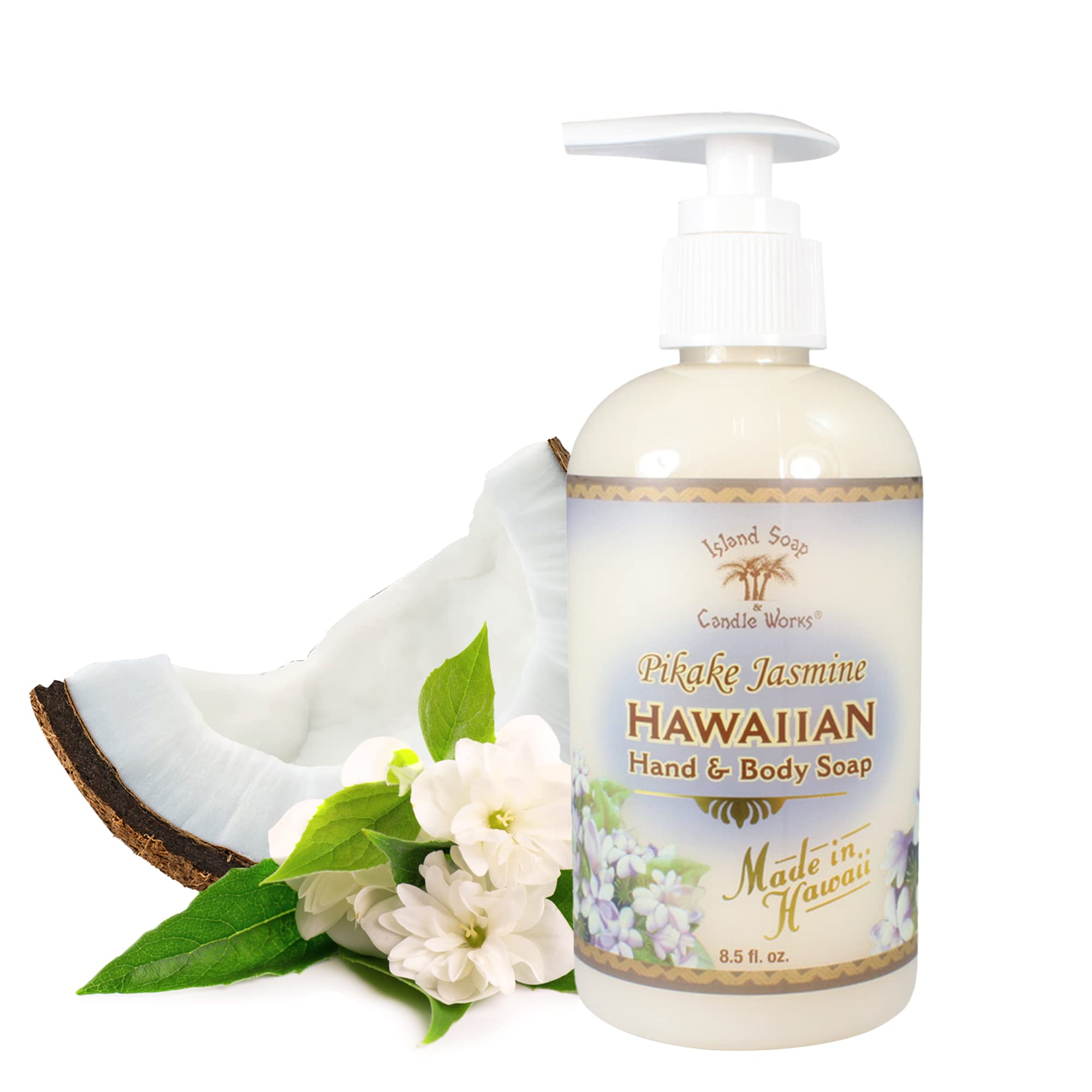 Island Soap & Candle Works Pikake Jasmine hand soap bottle with tropical fragrance for daily cleansing.