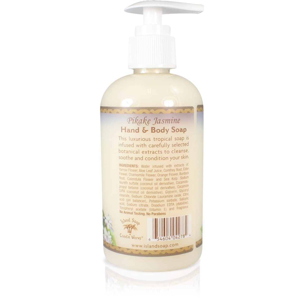 Island Soap & Candle Works Pikake Jasmine label close-up highlighting vegan, paraben-free formula.