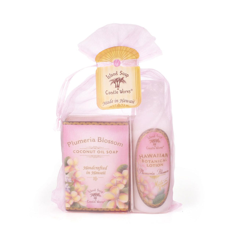 Island Soap and Candle Works Plumeria soap and lotion in organza bag for gifting and pampering