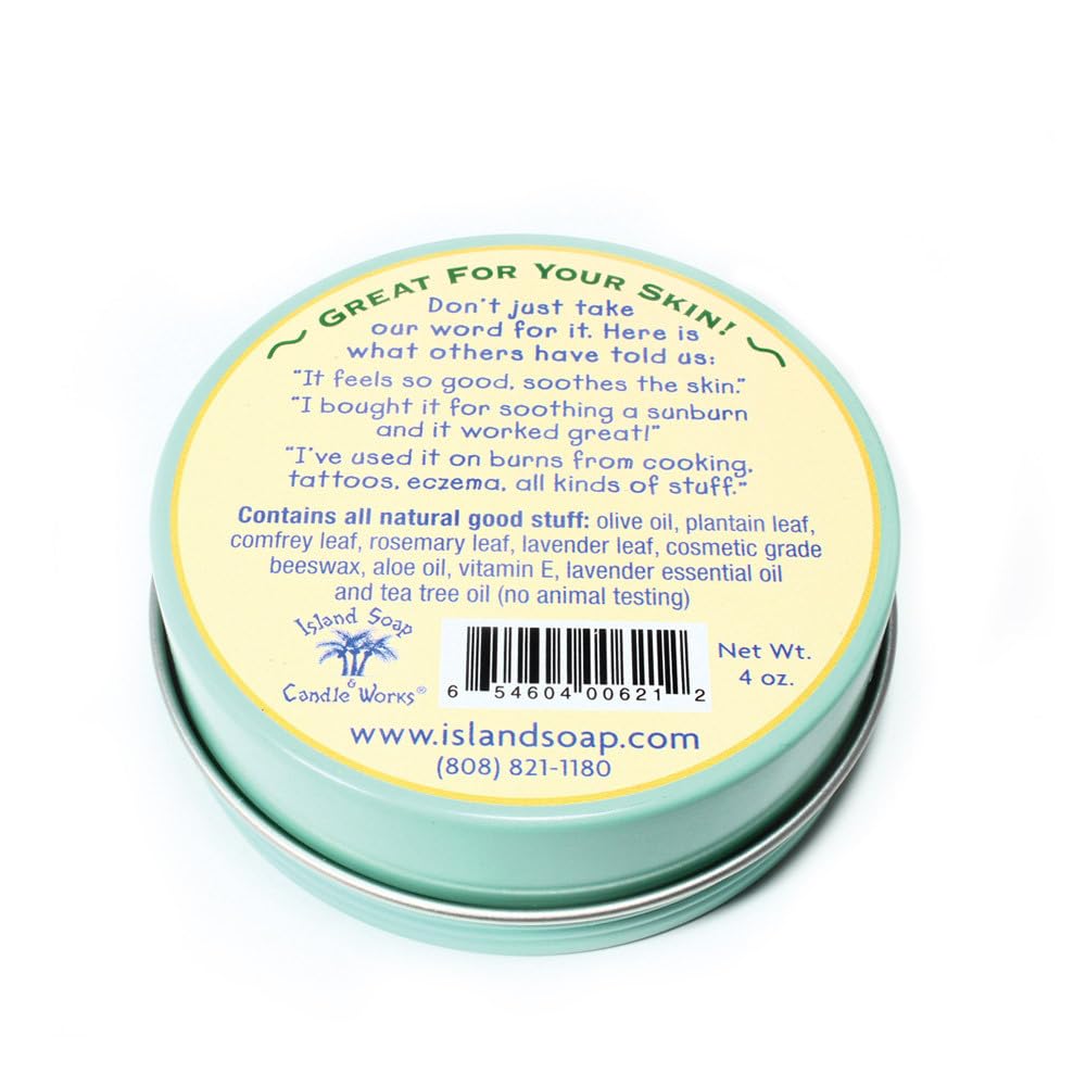 Island Soap & Candle Works Surfer's Salve ingredients label closeup emphasizing natural plant-based formula
