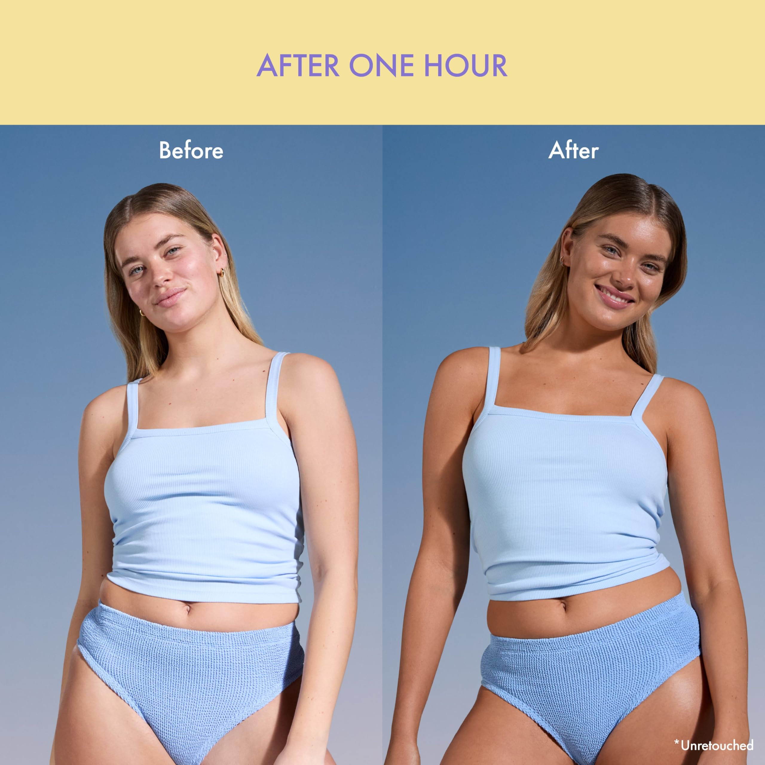 Isle of Paradise Express Tinted Self-Tan Mousse applying with mitt for a smooth, streak-free finish.