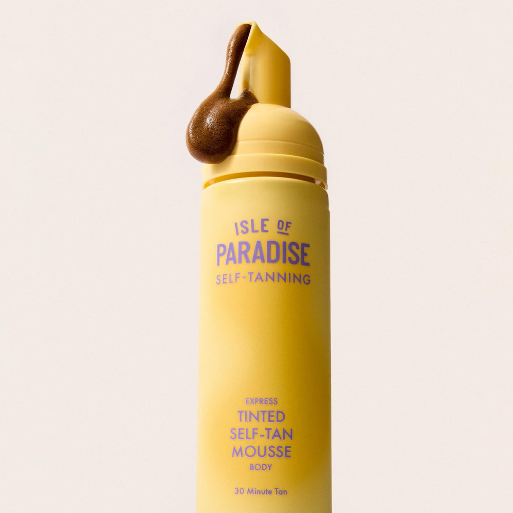 Isle of Paradise Express Tinted Self-Tan Mousse packaging shows vegan design and easy usage.