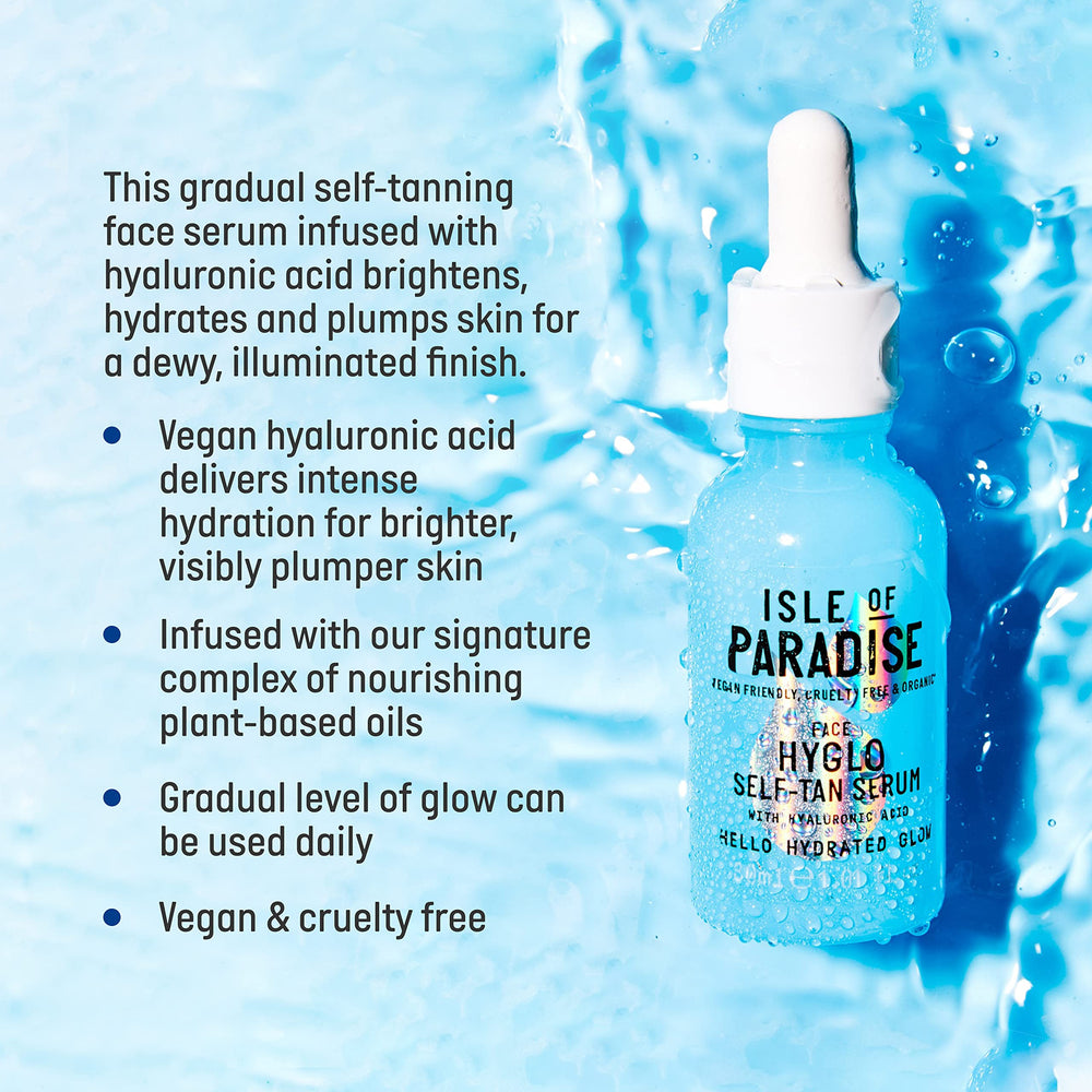 Isle of Paradise Hyglo self-tan serum highlights hyaluronic acid for hydrated skin