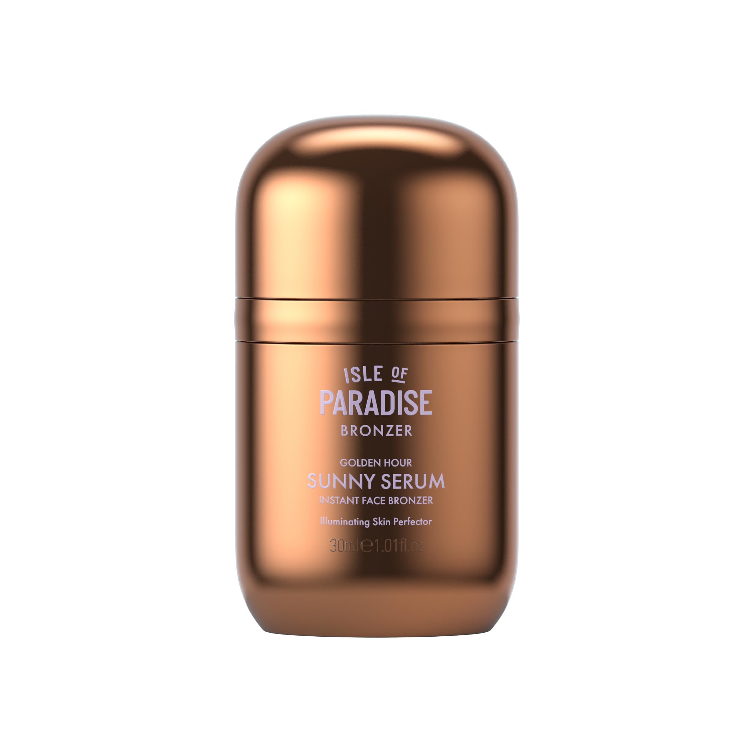 Isle of Paradise Sunny Serum bottle closeup showing sleek packaging and glow-ready formula.