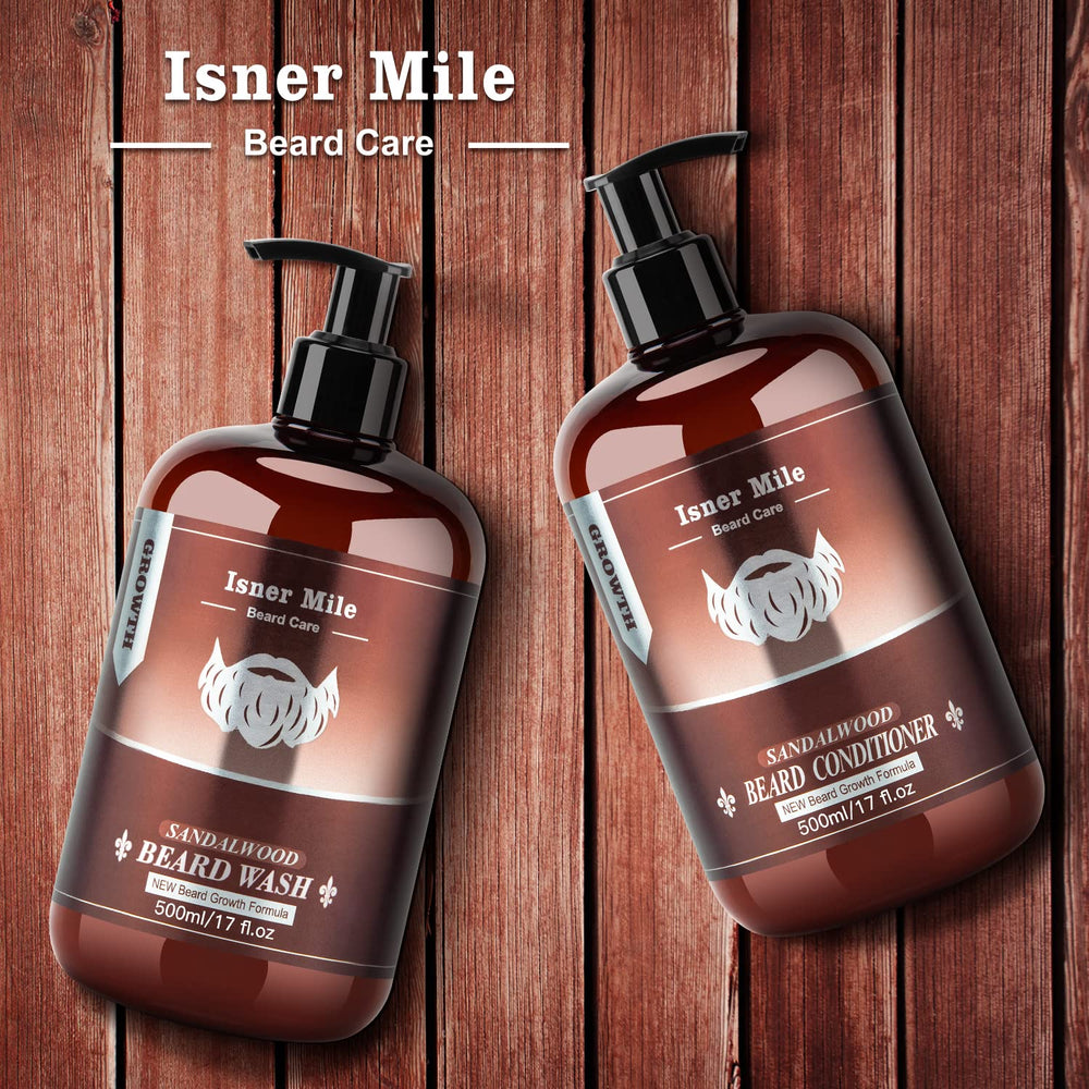 ISNER MILE Grooming-kit-display showing the full beard wash and conditioner set.