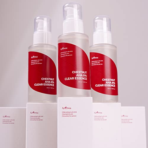 ISNTREE Chestnut AHA 8% Clear Essence bottle on a vanity.