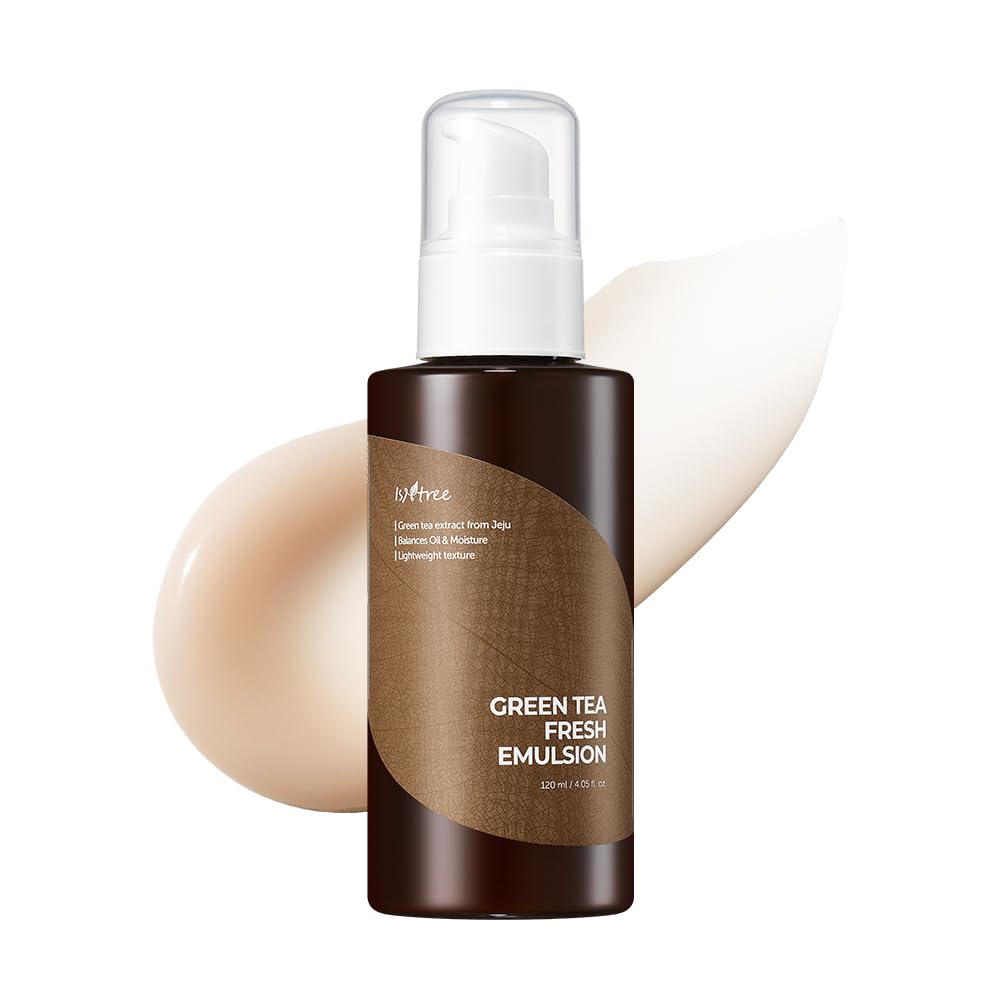 IsNtree Green Tea Fresh Emulsion bottle shows lightweight hydration for daily skin balance