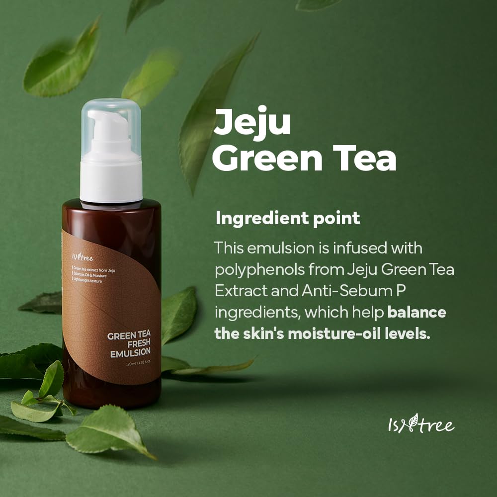 IsNtree Green Tea Fresh Emulsion bottle close-up highlights balance