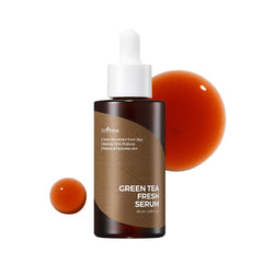 ISNTREE Green Tea Fresh Serum bottle close-up showing lightweight formula for oil control.