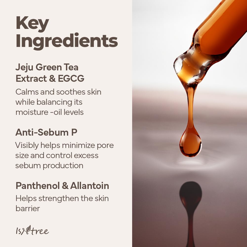 ISNTREE Green Tea Fresh Serum with Jeju leaves highlights calming, moisture-balancing ingredients.
