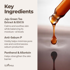 ISNTREE Green Tea Fresh Serum with Jeju leaves highlights calming, moisture-balancing ingredients.