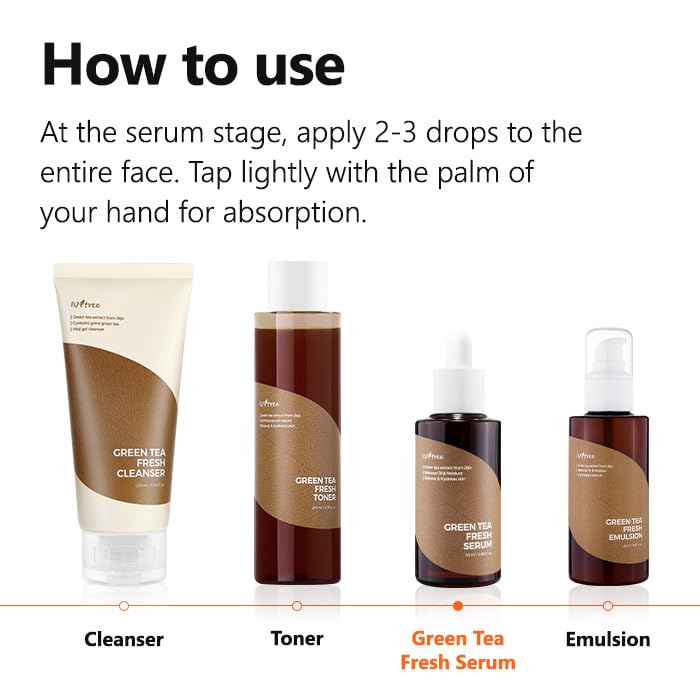 Morning skincare scene with ISNTREE Green Tea Fresh Serum before moisturizer.