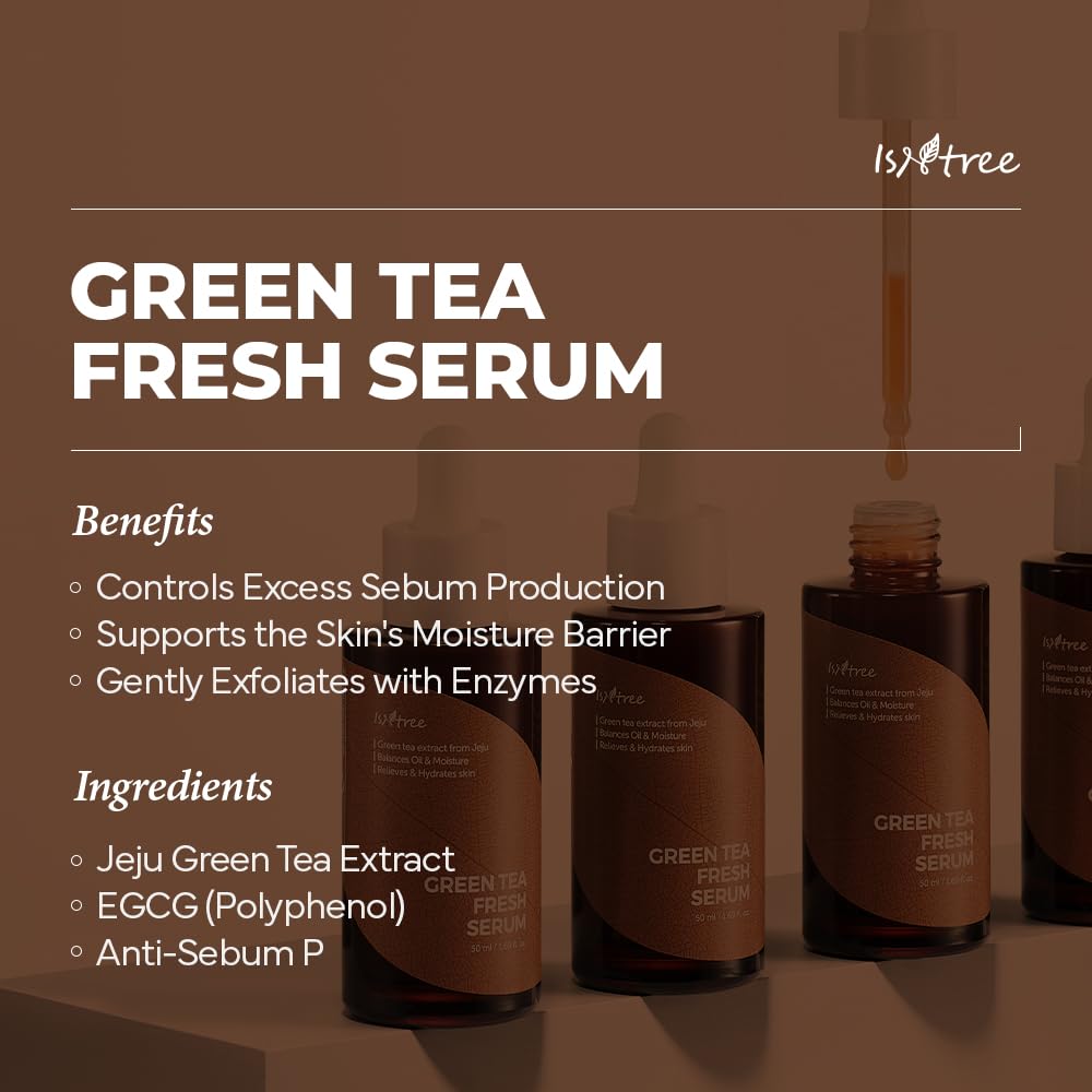 ISNTREE Green Tea Fresh Serum texture swatch demonstrating quick absorption and shine reduction.