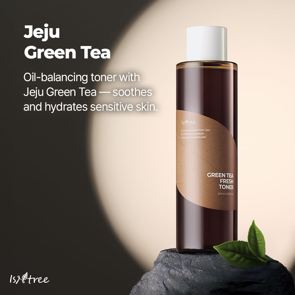 ISNTREE Green Tea Fresh Toner ingredients closeup featuring Jeju green tea.