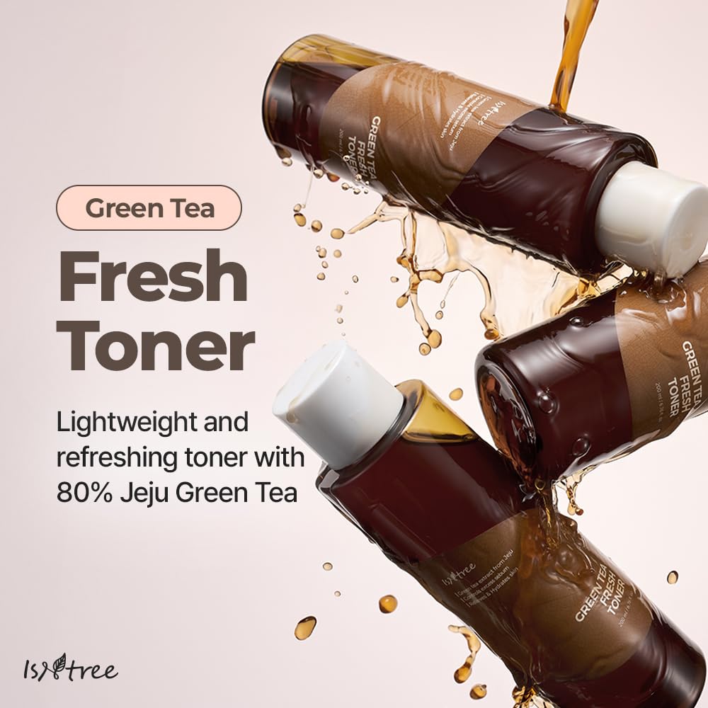 ISNTREE Green Tea Fresh Toner label closeup highlighting green tea ingredients.