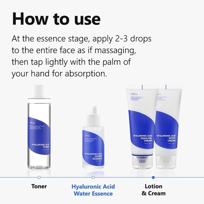 Routine setup featuring IsNtree Hyaluronic Acid Water Essence for layering under moisturizer