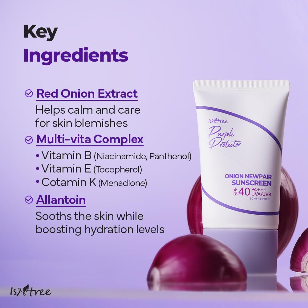 IsNtree Onion Newpair Sunscreen contains 5% red onion extract for calm skin.