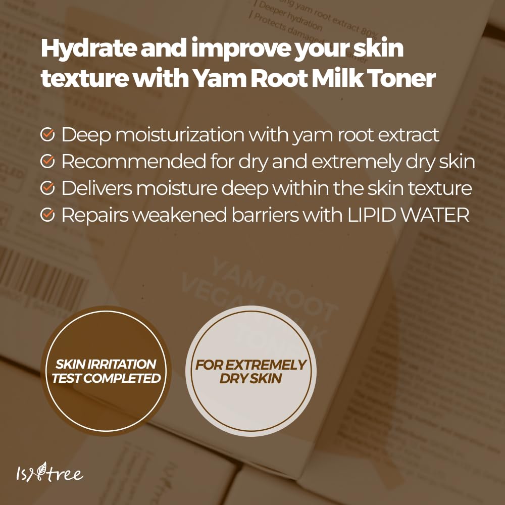 ISNTREE Yam Root Toner milky texture close up highlights lightweight hydration
