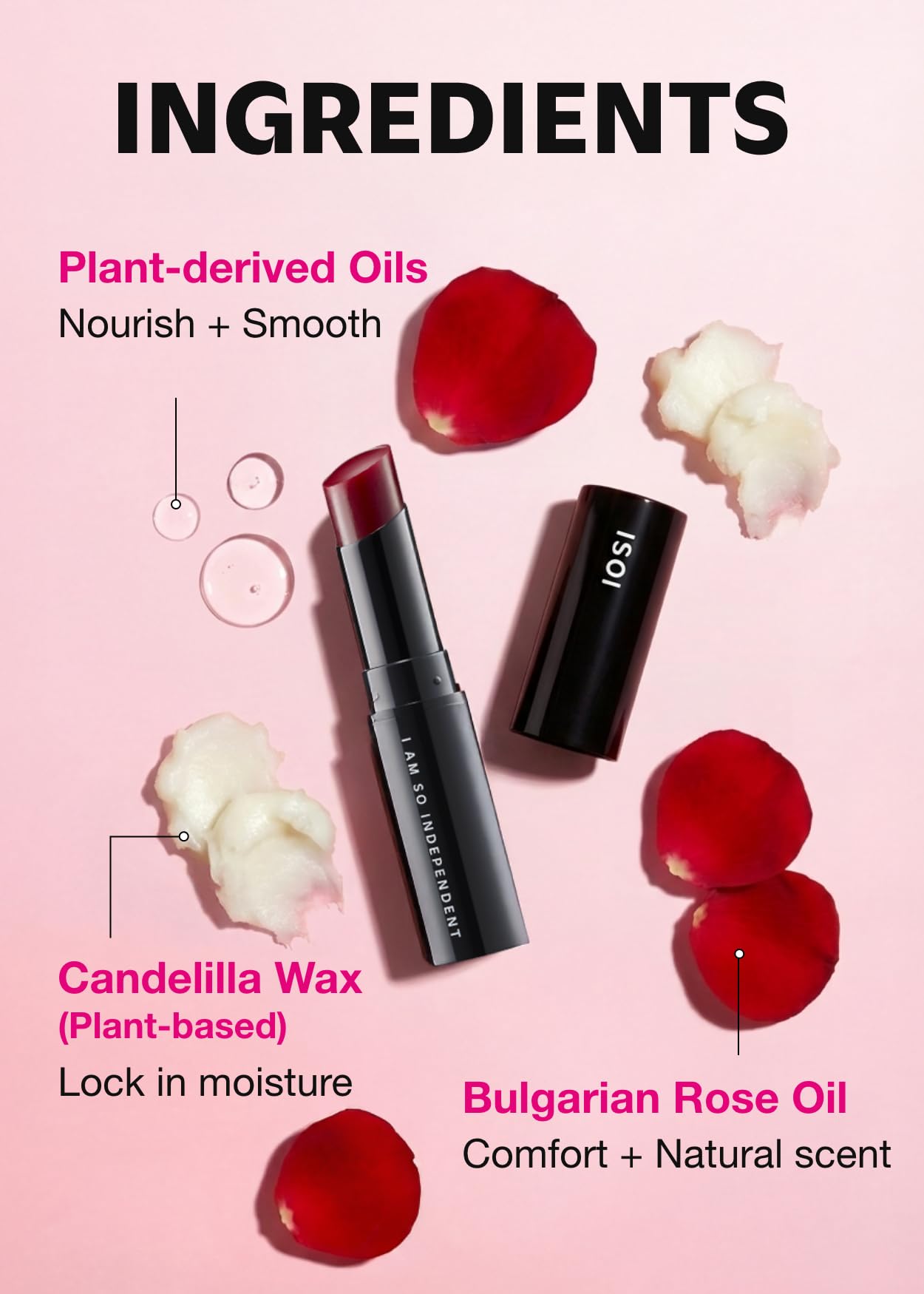 ISOI balm featuring Bulgarian Rose Oil for nourishment and smooth lips.