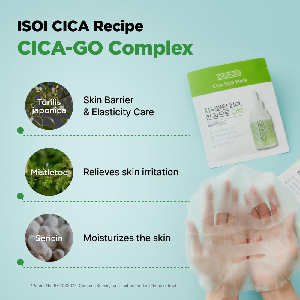 ISOI CICAGO Cica SOS Mask Pack high-absorption sheet delivers hydration.