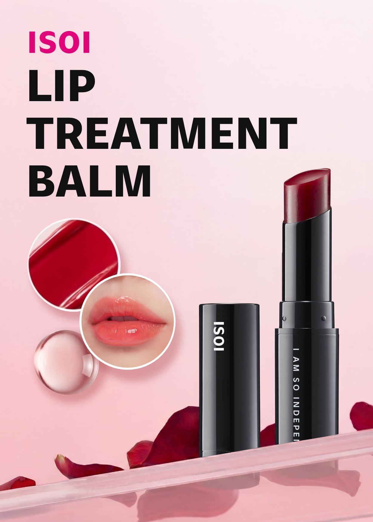 ISOI lip balm with dewy gloss finish on Rosy Coral lips.