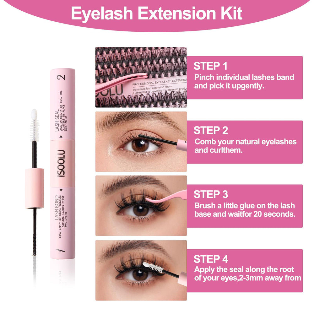 ISOOLU DIY lash extension steps guide illustrating quick, professional-looking results