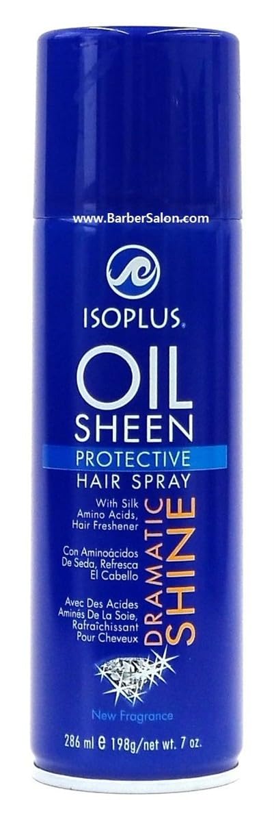 Isoplus Oil Sheen Hairspray mist applied for light hold and shine.