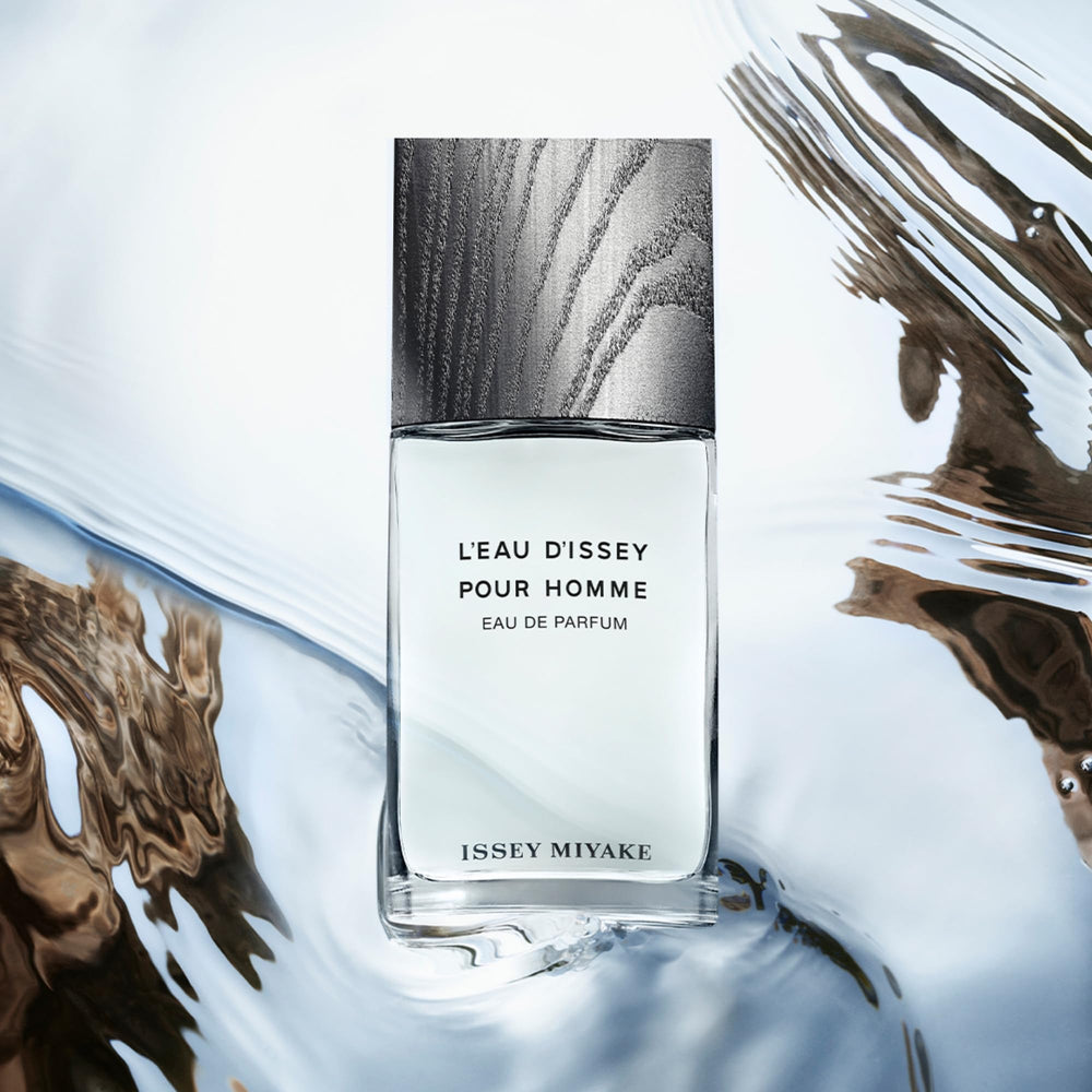 Issey Miyake L'Eau d'Issey Pour Homme's silver finish and wooden cap reflect ocean-inspired design.