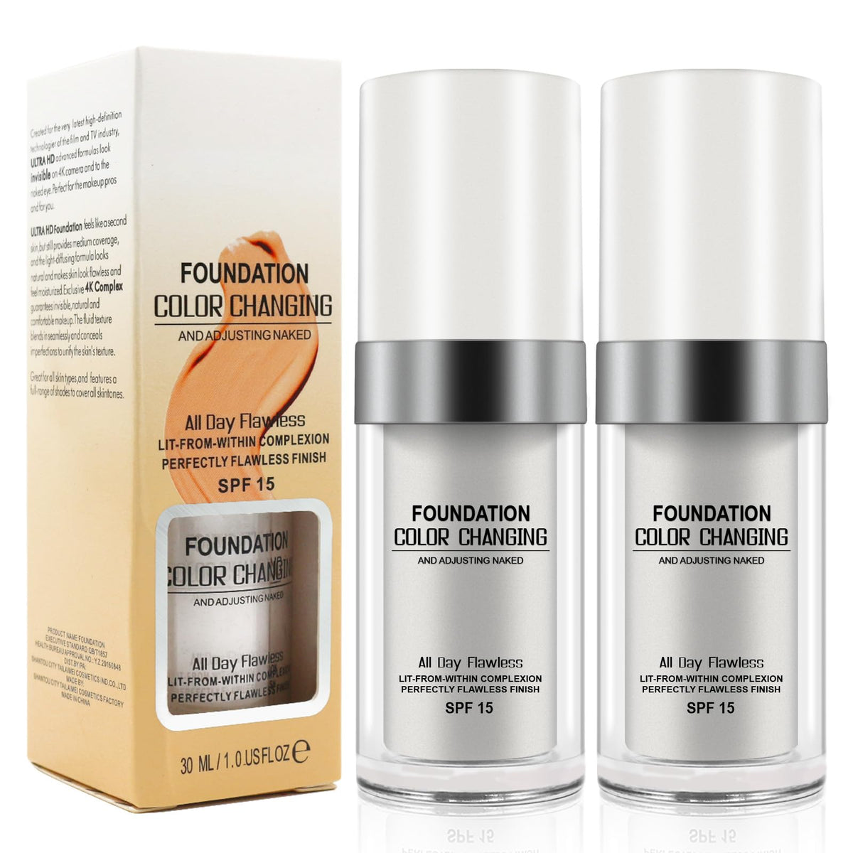 ISUNRISE color-changing foundation bottle pour demonstrates even coverage for radiant skin