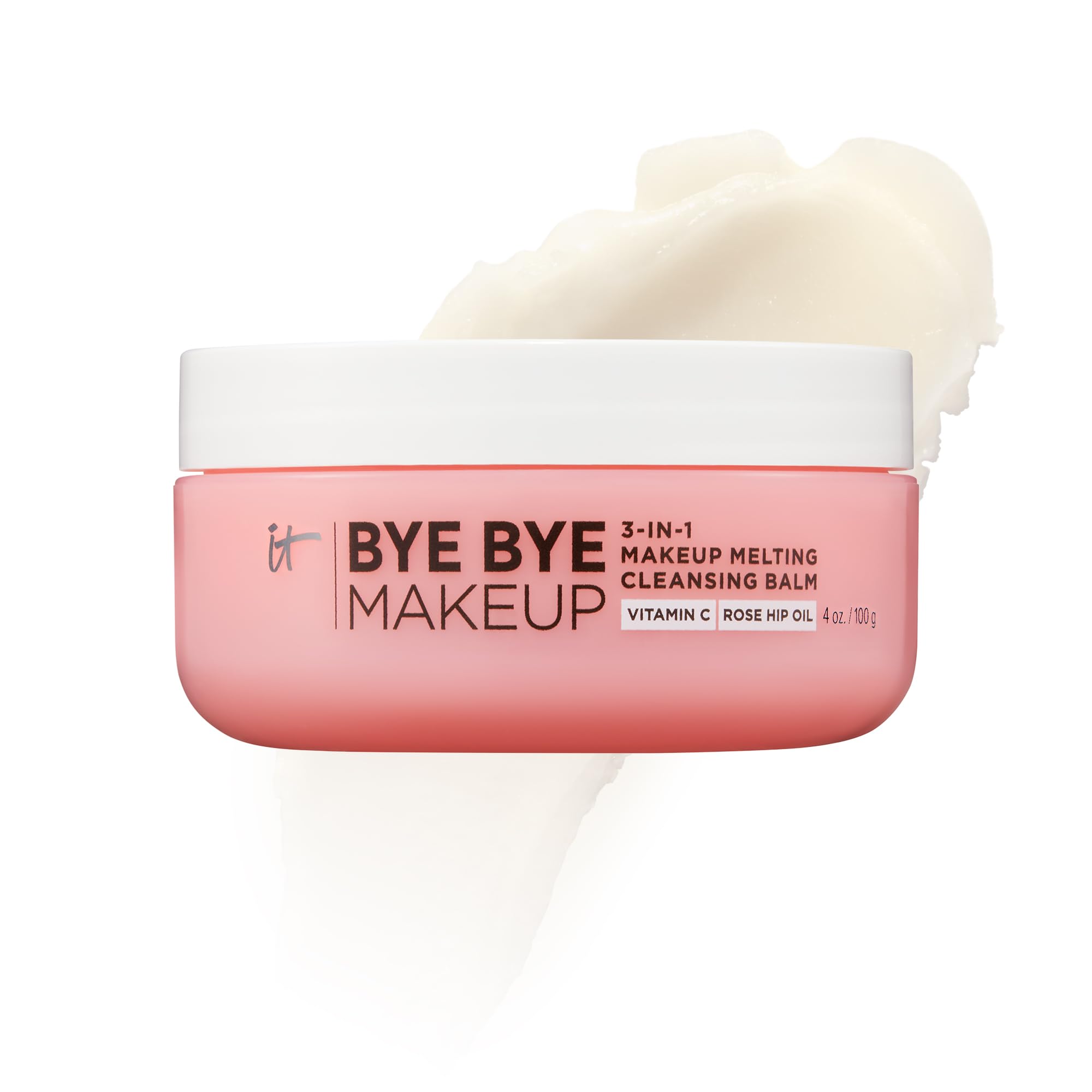 IT Cosmetics Bye Bye Makeup Cleansing Balm tub close-up showing makeup removal capability.
