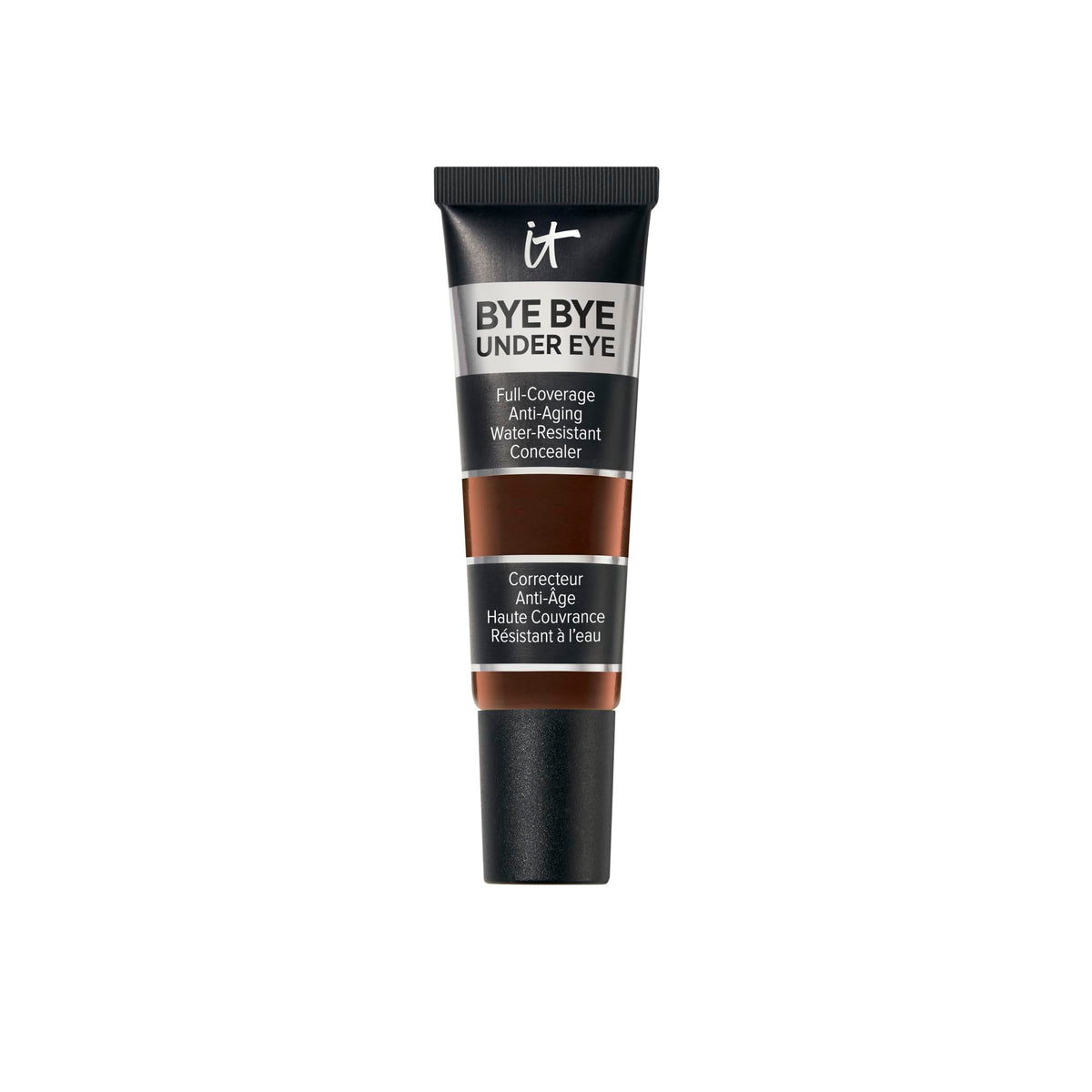 IT Cosmetics Bye Bye Under Eye Concealer Deep Ebony packaging emphasizes durability and shade.