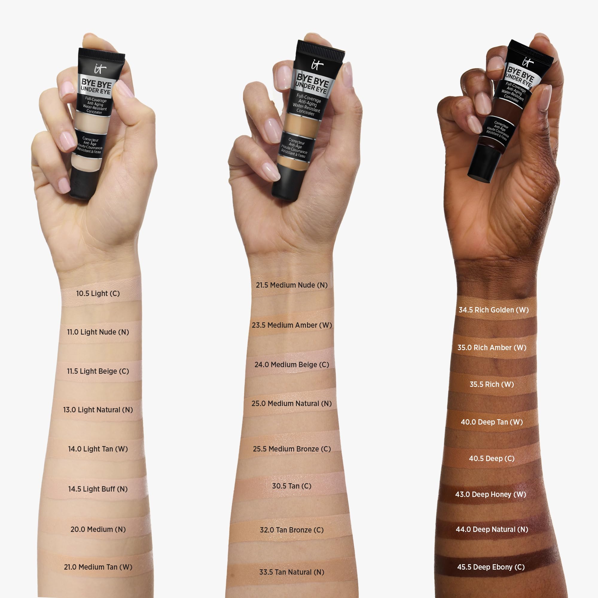 Water-resistant finish on skin with IT Cosmetics concealer Tan Bronze.