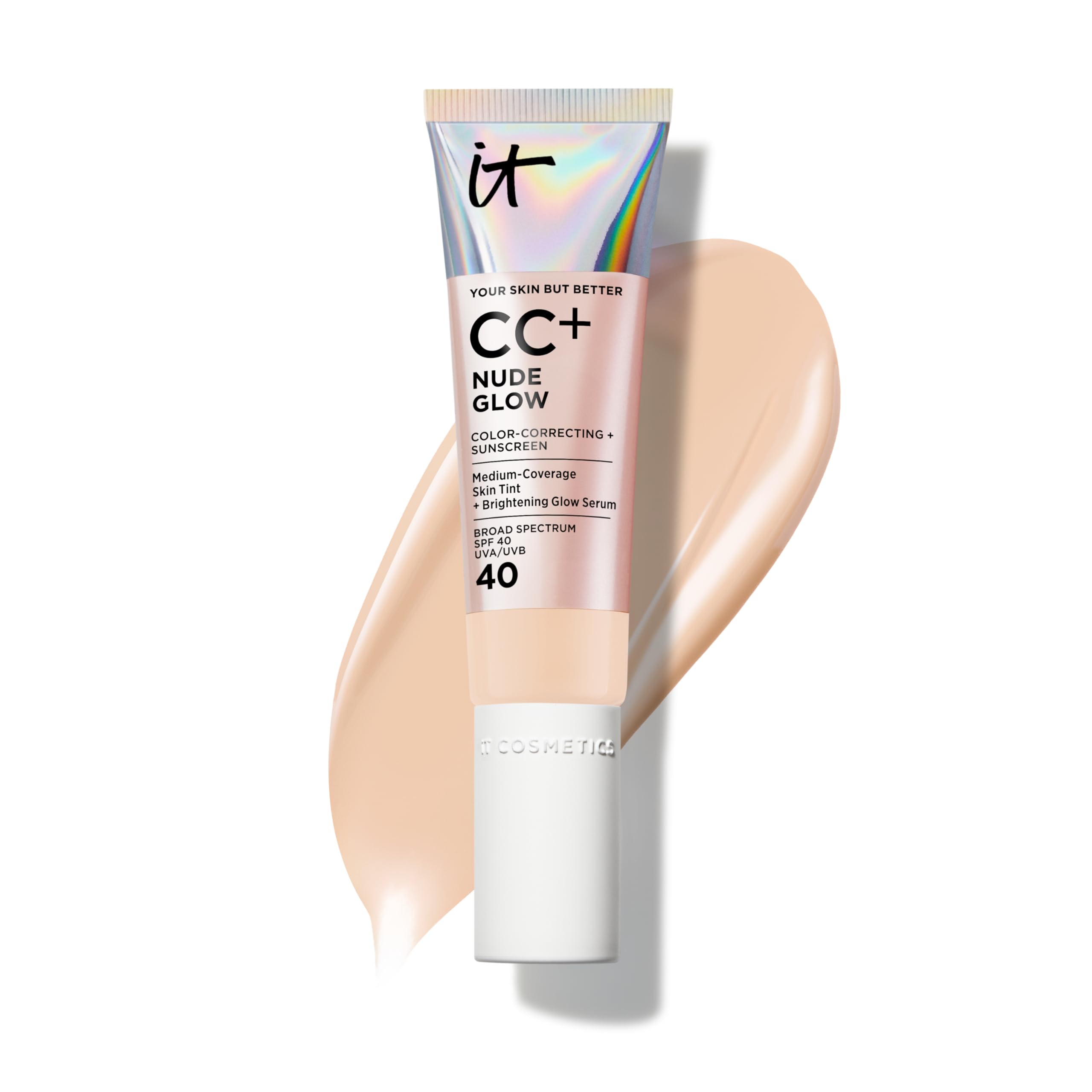IT Cosmetics CC+ Nude Glow bottle close-up showing brightening SPF 40 protection.