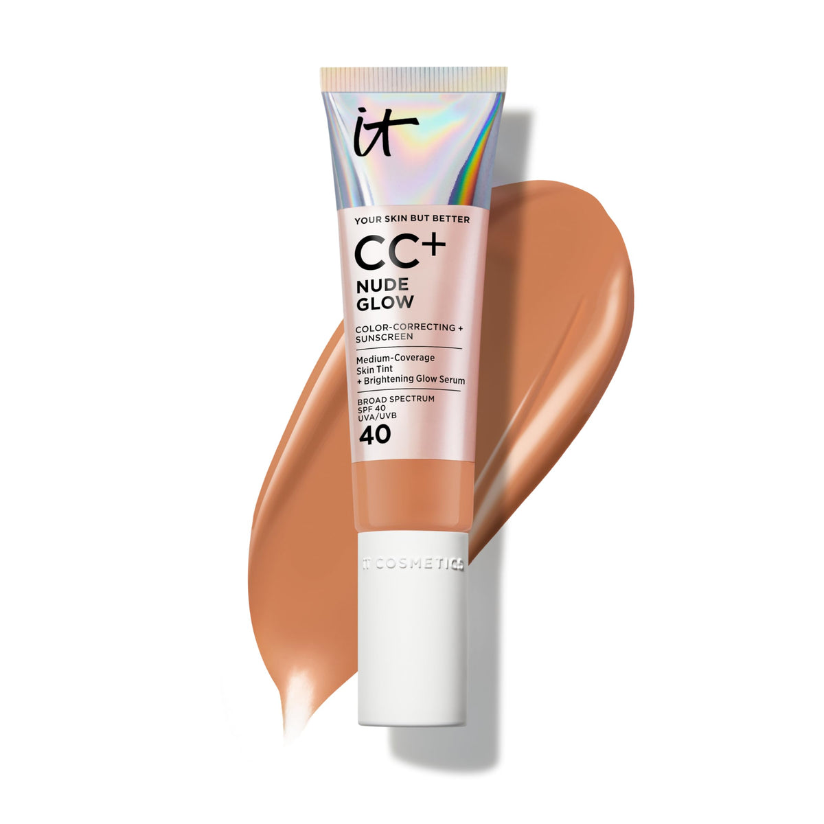 IT Cosmetics CC+ Nude Glow bottle shows a luminous finish for brightened skin