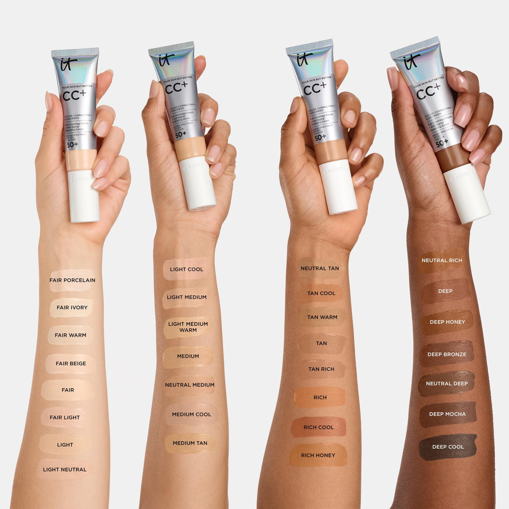 IT Cosmetics CC+ Cream before-after illustrates improved skin tone with coverage