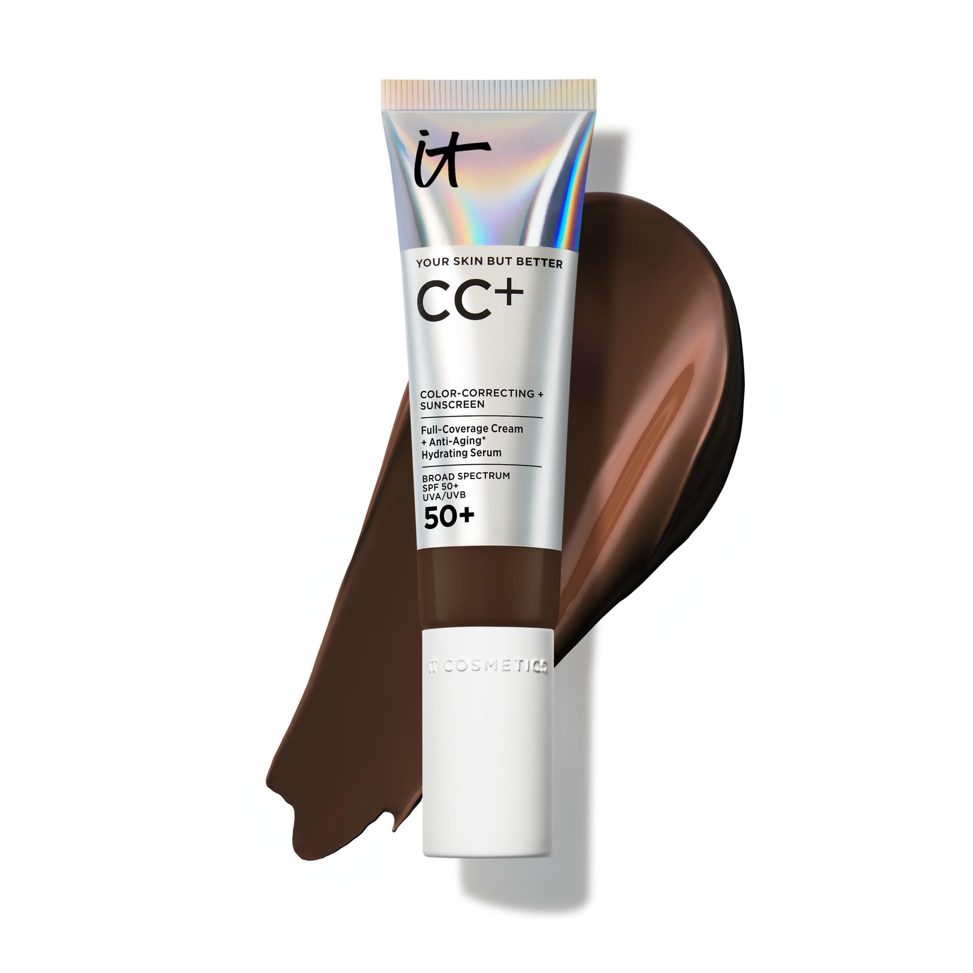 IT Cosmetics CC+ Cream Deep Cool bottle showcases SPF 50+ for daily sun protection.