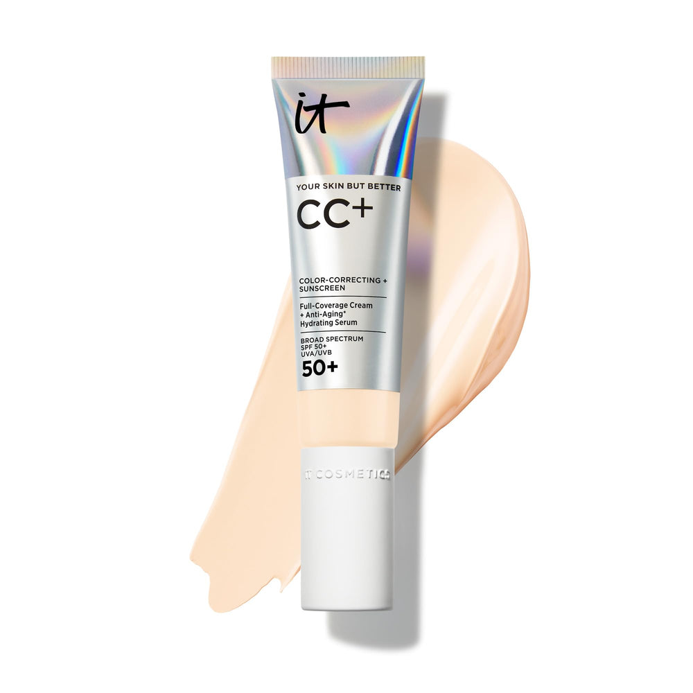 IT Cosmetics CC+ Cream Fair Warm bottle with pump showing portable sun-safe foundation.