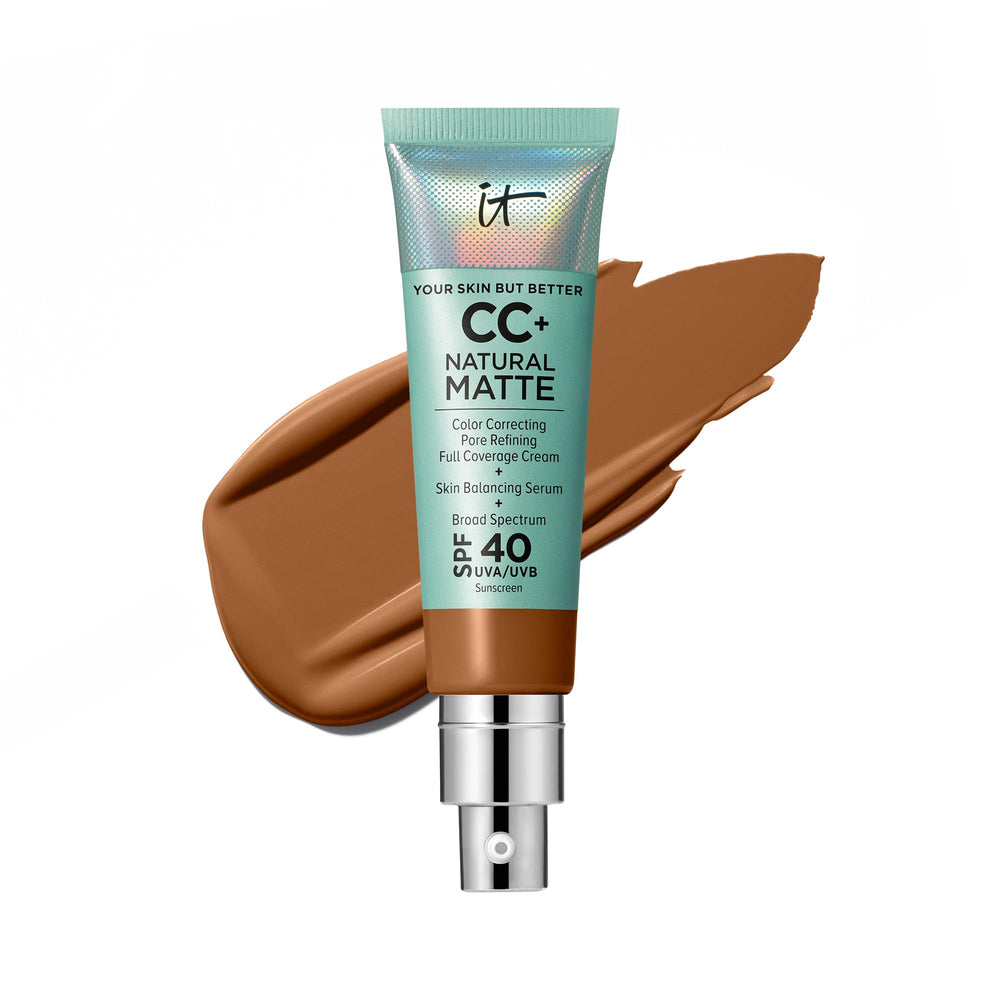 IT Cosmetics CC+ Natural Matte bottle closeup with matte finish and SPF 40 protection.