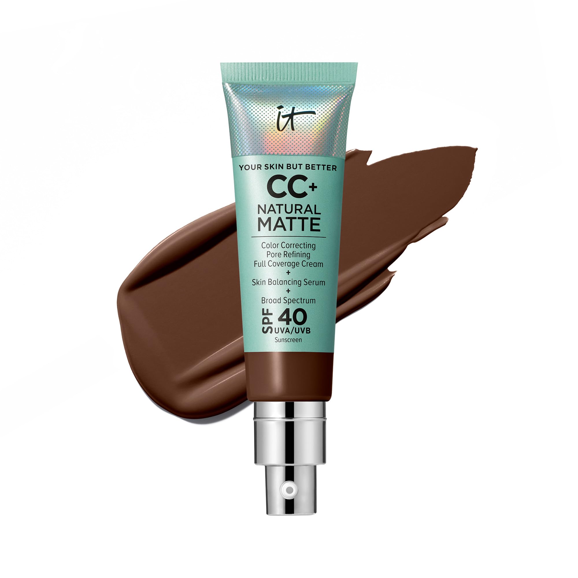 IT Cosmetics CC+ Natural Matte Deep Mocha bottle highlights matte finish and SPF 40