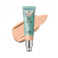 IT Cosmetics CC+ Natural Matte bottle shows pore-blurring, shine-control formula for oily skin.