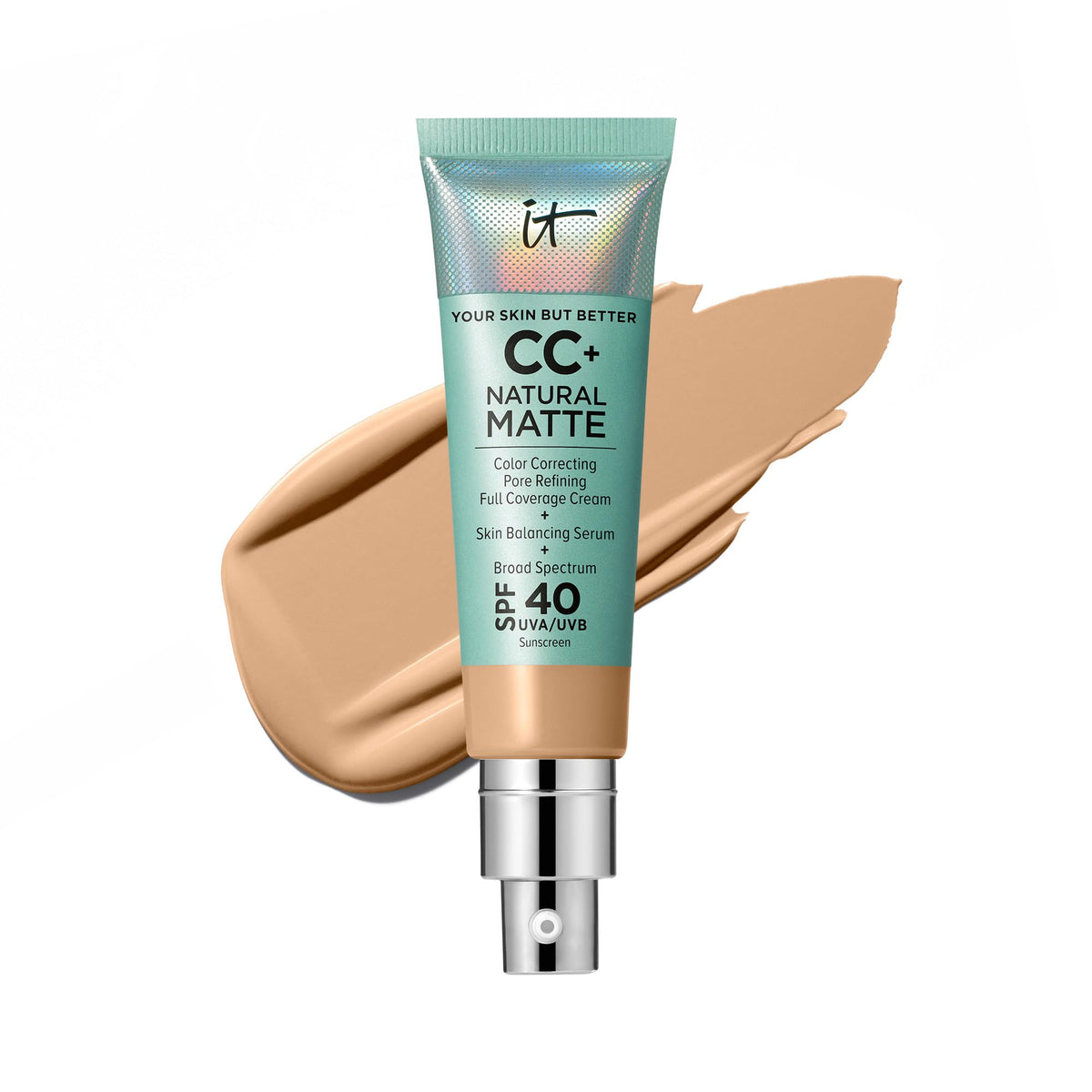 IT Cosmetics CC+ Natural Matte bottle shows matte finish for medium tan skin