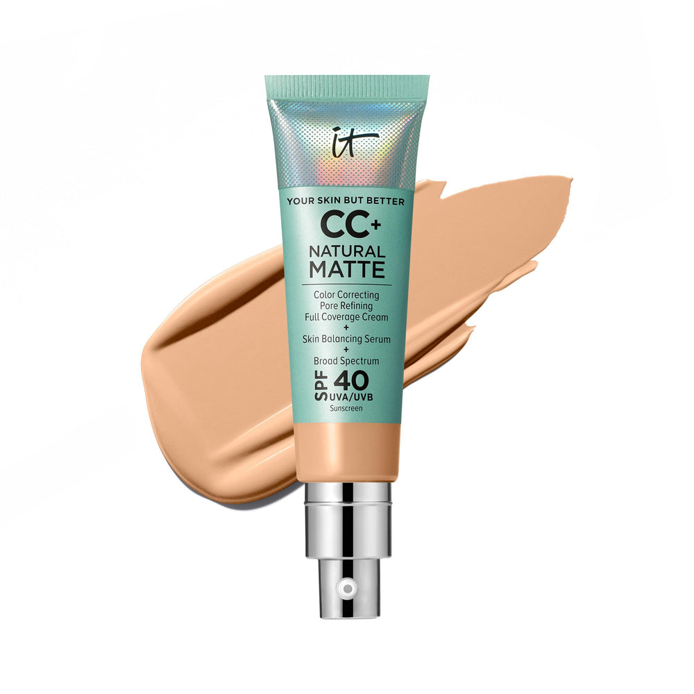IT Cosmetics CC+ Natural Matte SPF 40 bottle closeup showing sleek packaging and matte finish.