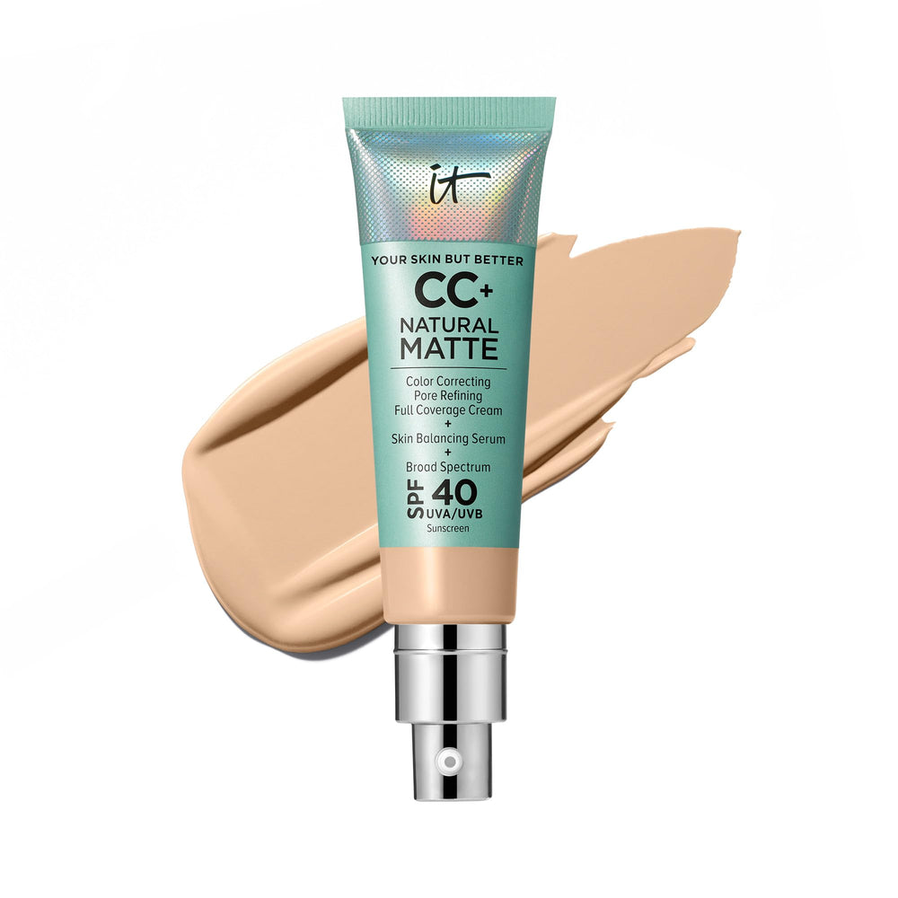 IT Cosmetics CC+ Cream Natural Matte SPF 40 bottle shows oil control and even tone.