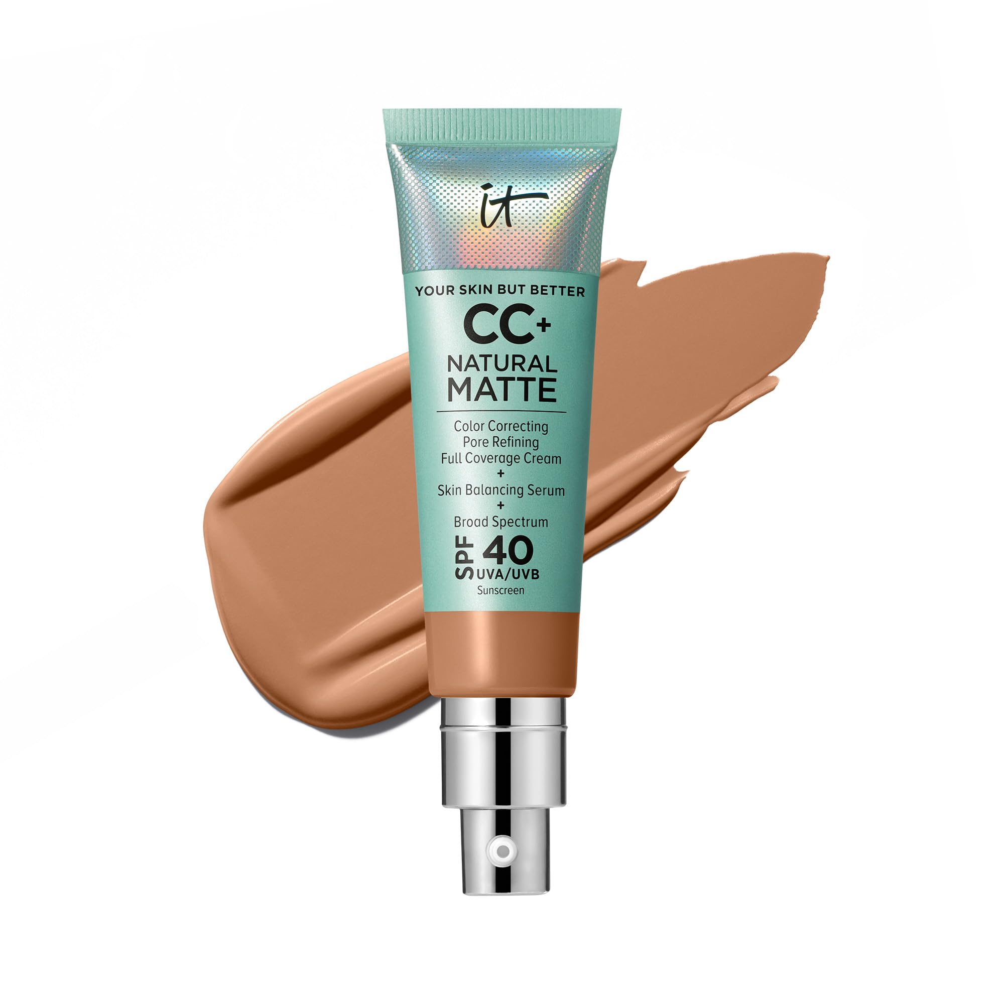 IT Cosmetics CC+ Natural Matte Tan Rich bottle demonstrates long-lasting coverage and SPF 40 protection.
