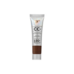 IT Cosmetics CC+ Cream Travel Deep Mocha bottle showing broad SPF 50+ protection for deeper tones