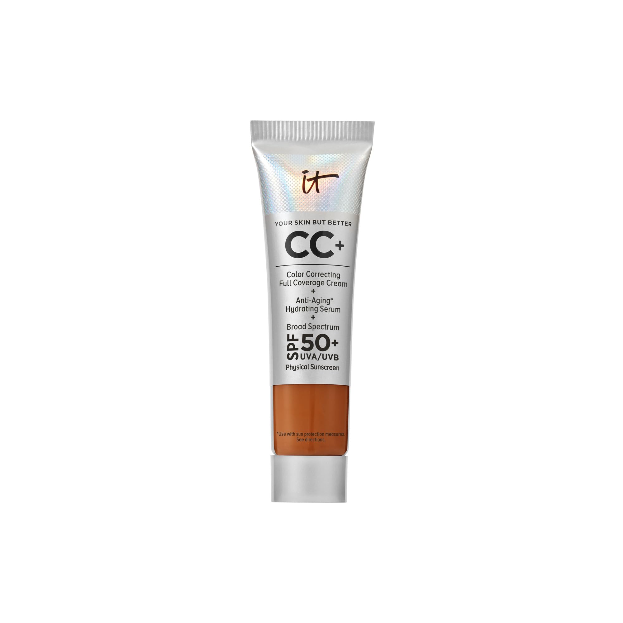 IT Cosmetics CC+ Cream Travel Rich Honey bottle with SPF 50+ on display for on-the-go use